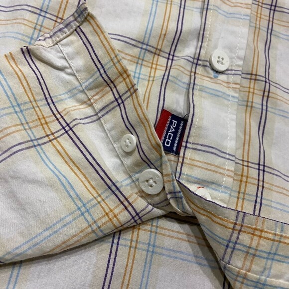 Paco Jeans Vintage Plaid Embroidered Button Down White Tan Blue Kids Size XL - Picture 6 of 11
